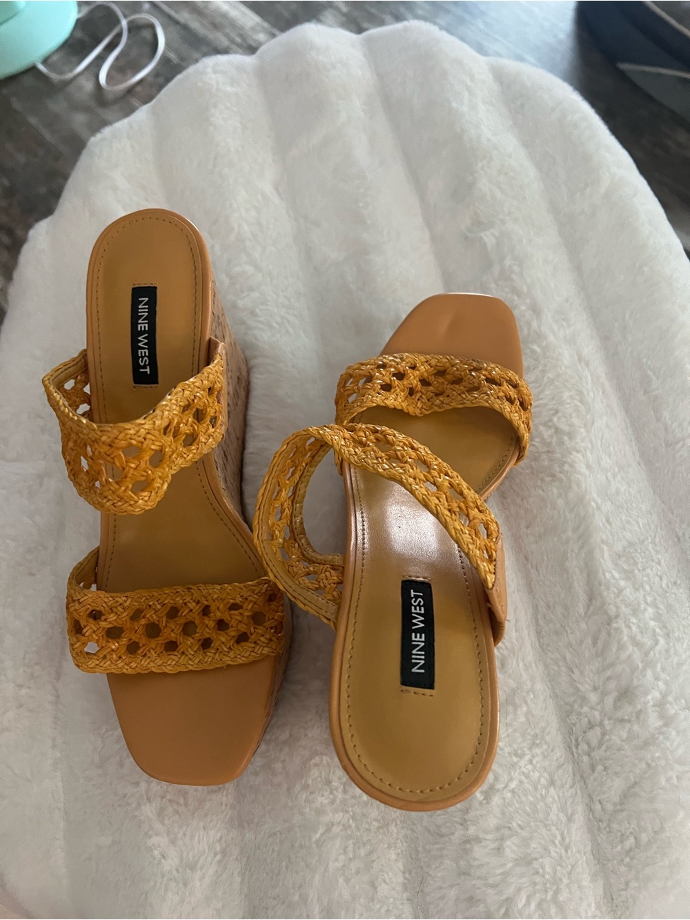 Nine West Yellow Woven Wedge Slide Sandals